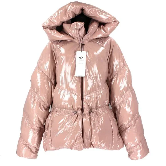 ALO Yoga Stunner Puffer Jacket High Gloss Dusty Pink Coat Hooded L NEW - Picture 3 of 10